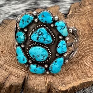 1960s Native American NAVAJO Sterling Turquoise Cluster Cuff Bracelet Flowers